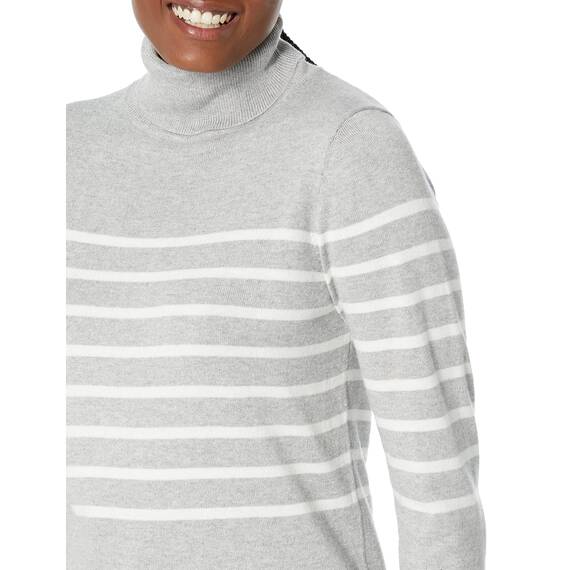 Amazon Essentials Damen Leichter, Langärmeliger Rollkragenpullover, Klassischer Schnitt (Erhältlich In Übergröße), Hellgrau Meliert Weiß Platzierter Streifen, XL