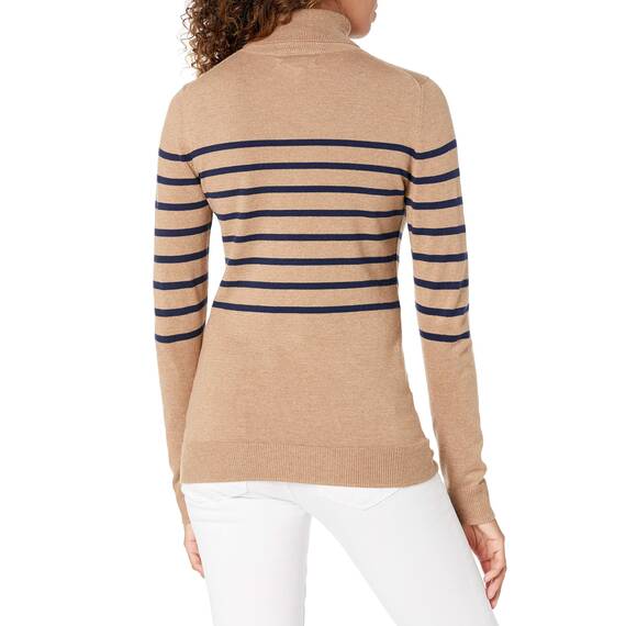 Amazon Essentials Damen Leichter, Langärmeliger Rollkragenpullover, Klassischer Schnitt (Erhältlich In Übergröße), Kamelbraun Marineblau Platzierter Streifen, XL