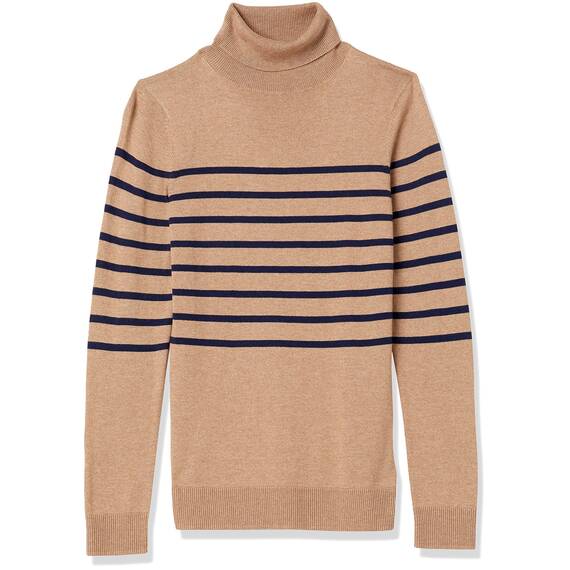 Amazon Essentials Damen Leichter, Langärmeliger Rollkragenpullover, Klassischer Schnitt (Erhältlich In Übergröße), Kamelbraun Marineblau Platzierter Streifen, XXL