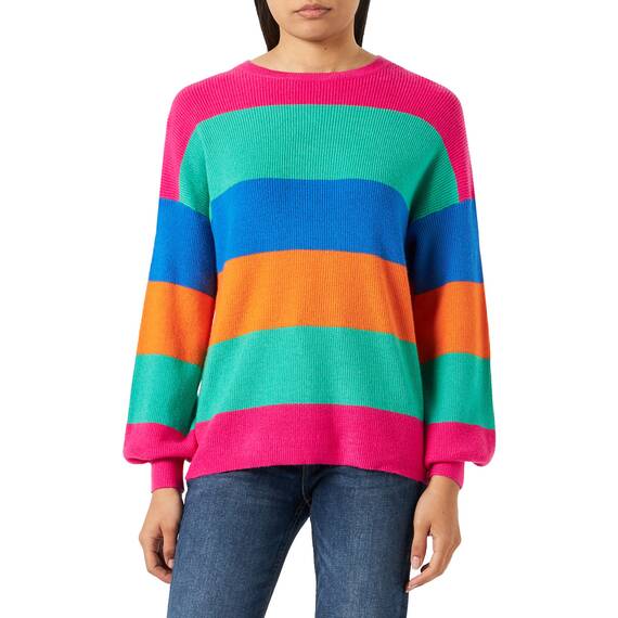 ONLY Women's ONLATIA L/S Stripe Pullover KNT NOOS Strickpullover, Fuchsia Purple/Stripes:Green bee/Victoria Blue/Persimmon orange, S
