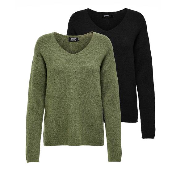 ONLY Damen ONLCAMILLA V-Neck Strickpullover 2-Pack, Winter Moss Melange/Schwarz, XS