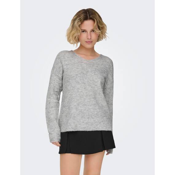 ONLY Damen Warmer Strickpullover | Knitted Basic Stretch Sweater | Langarm V-Ausschnitt Shirt ONLCAMILLA, Farben:Grau, Größe:M