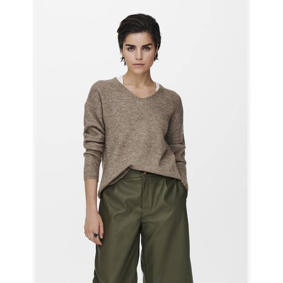 ONLY Damen ONLCAMILLA V-Neck L/S Strickpullover KNT 15204588, Caribou/Detail:Melange,S