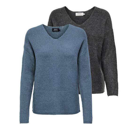 ONLY Damen ONLCAMILLA V-Neck Strickpullover 2-Pack, Blue Mirage Melange/Dark Grey Melange, S