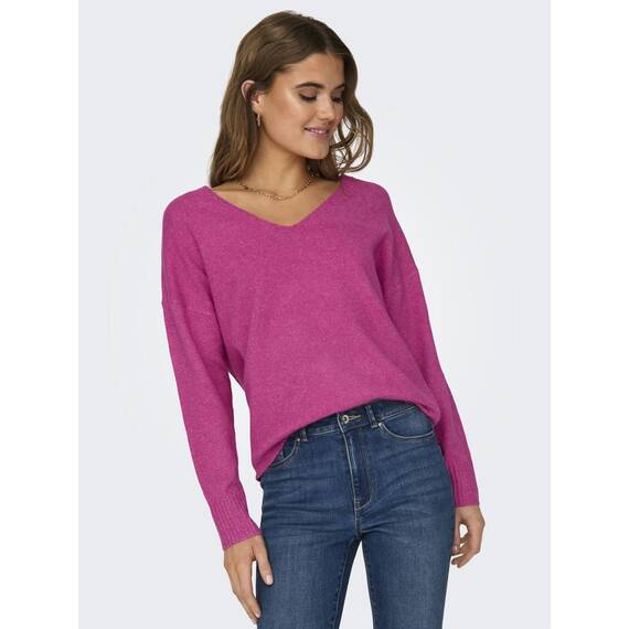 ONLY Damen Strickpullover V-Ausschnitt Sweater Onlrica Life L/S V-Neck Pullo KNT Noos 15224360,Raspberry Rose/Detail:Melange,L
