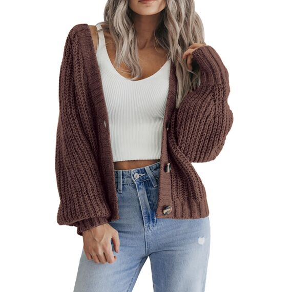 Hotouch Pullover & Strickjacken für Damen Cardigan Kurz Langarm V-Ausschnitt Jacke Weich Knöpfen Strickjacke Winter Braun XS