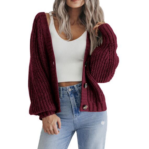 Hotouch Cardigan Damen V-Ausschnitt Knopfleiste Strickjacken Langarm Gestrickte Bolerojäckchen Casual Weich Weihnachten Weinrot Strickmantel M