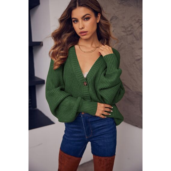 Hotouch Damen Strickjacke Damen Kurz V-Ausschnitt Knopfleiste Strick Cardigan Laternenärmel Gestrickte Jacke Elegant Casual Strickmantel Herbst Grün M