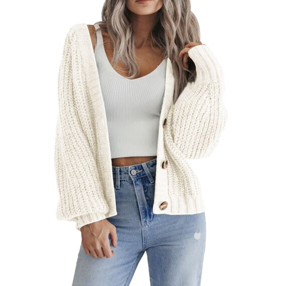 Hotouch Damen Langarm Strickcardigan Kurz Solid Cardiganmit Knopf Kuschelig und Weich Pullover für Frühling Hersbt Winter Weiß XS