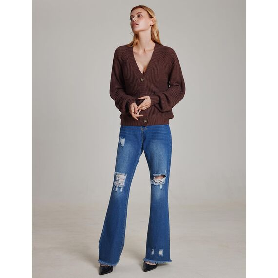 Hotouch Damen Strick Cardigan Damen V-Ausschnitt Knöpfen Strickjacke Kurz Solid Langarm Jäckchen Elegant Casual Strickmantel Braun XXL