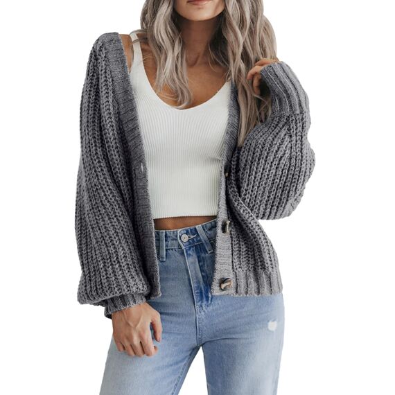 Hotouch Strickjacke Damen Grobstrick V-Ausschnitt Knopfleiste Cardigan Langarm Gestrickte Jacke Weich Dunkelgrau Outerwear XXL