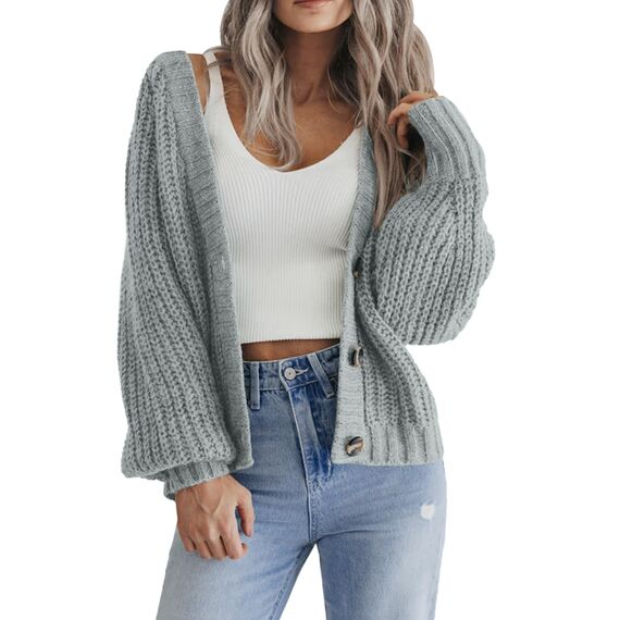 Hotouch Damen Cardigan Langarm Strickjacke Kurz V-Ausschnitt Grobstrick Jacke mit Knopf Elegant Casual Strickmantel Hellgrün Pullover Oberteil XXL