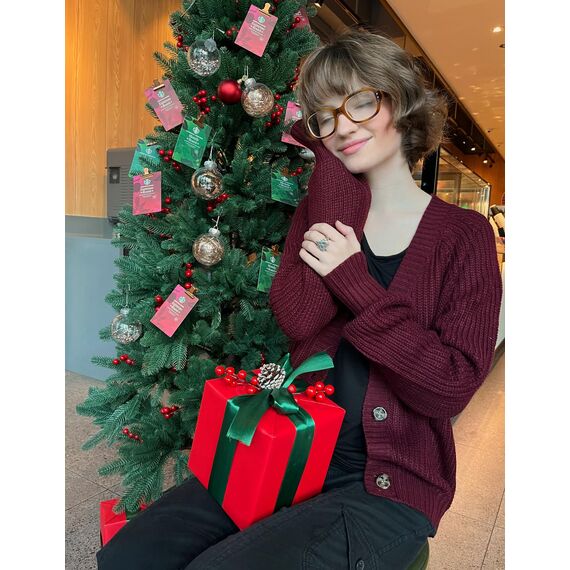 Hotouch Pullover & Strickjacken für Damen V-Ausschnitt Knöpfen Cardigan Kurz Laternenärmel Jacke Weich Weinrot Strickjacke Weihnachten XXL