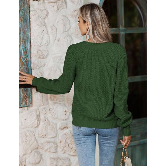 Hotouch Damen Strickjacke Damen Kurz V-Ausschnitt Knopfleiste Strick Cardigan Laternenärmel Gestrickte Jacke Elegant Casual Strickmantel Herbst Grün M