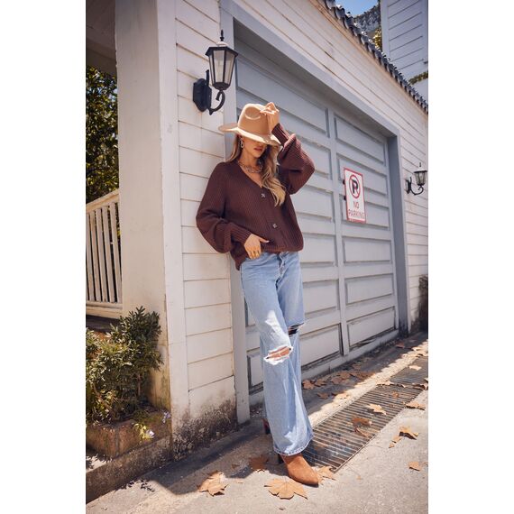 Hotouch Damen Strickjacke Solid Langarm Strickcardigan V-Ausschnitt Knopfleiste Jacke Lässig Weich Kurz Cardigan Braun L