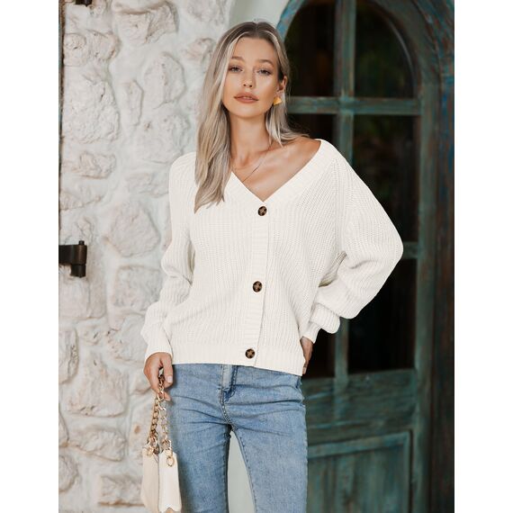 Hotouch Damen Langarm Strickcardigan Kurz Solid Cardiganmit Knopf Kuschelig und Weich Pullover für Frühling Hersbt Winter Weiß XS