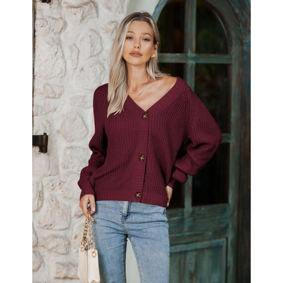 Hotouch Strickjacke Damen Solid Langarm Strickcardigan Kurz Open Front Sweater mit Knopf für Frühling Hersbt Winter Weihnachten Weinrot XL