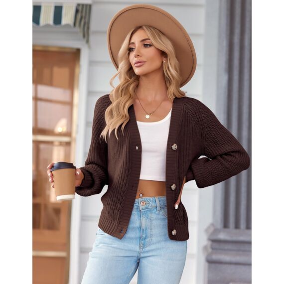 Hotouch Strickjacke Damen V-Ausschnitt Knopfleiste Strick Cardigan Kurz Einfarbig Langarm Gestrickte Jacke Frühling Herbst Pullover Braun M