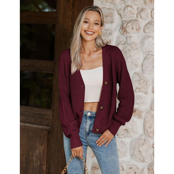Hotouch Pullover & Strickjacken für Damen V-Ausschnitt Knöpfen Cardigan Kurz Laternenärmel Jacke Weich Weinrot Strickjacke Weihnachten XXL