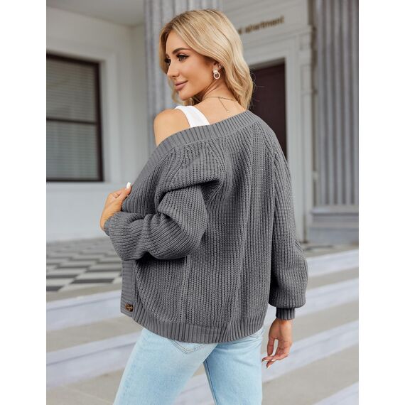 Hotouch Strickjacke Damen Grobstrick V-Ausschnitt Knopfleiste Cardigan Langarm Gestrickte Jacke Weich Dunkelgrau Outerwear XXL