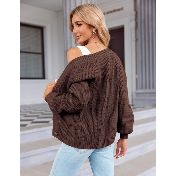 Hotouch Pullover & Strickjacken für Damen V-Ausschnitt Knöpfen Cardigan Kurz Langarm Jacke Weich Strickjacke Winter Braun S