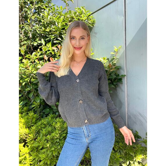 Hotouch Strickjacke Damen Grobstrick V-Ausschnitt Knopfleiste Cardigan Langarm Gestrickte Jacke Weich Dunkelgrau Outerwear XXL