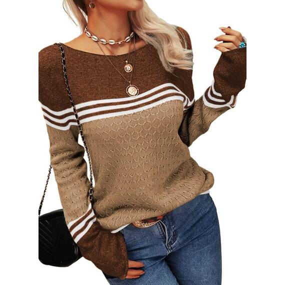 Tankaneo Damen Pullover Colorblock Langarm Rundhals Strickpullover Gestreift Slim Fit Strickwaren Tops