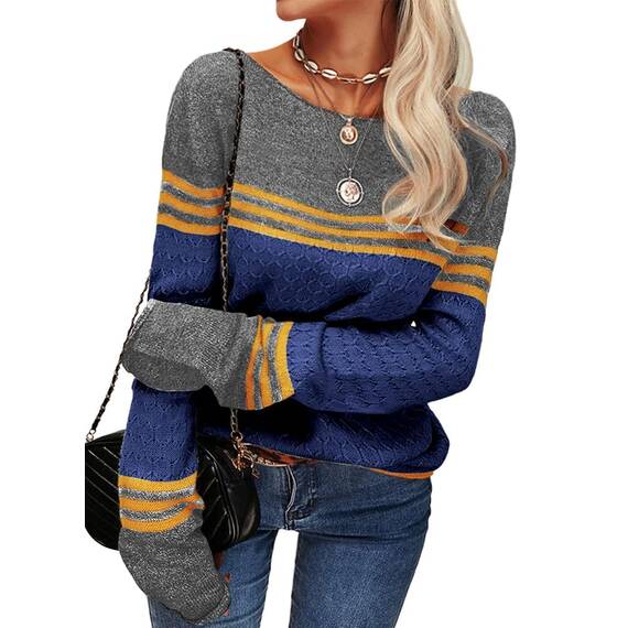 Tankaneo Damen Pullover Colorblock Langarm Rundhals Strickpullover Gestreift Slim Fit Strickwaren Tops