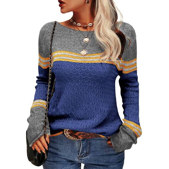 Tankaneo Damen Pullover Colorblock Langarm Rundhals Strickpullover Gestreift Slim Fit Strickwaren Tops