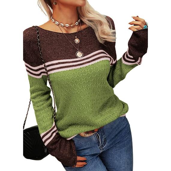 Tankaneo Damen Pullover Colorblock Langarm Rundhals Strickpullover Gestreift Slim Fit Strickwaren Tops