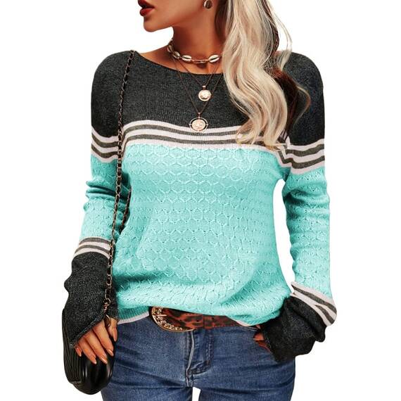 Tankaneo Damen Pullover Colorblock Langarm Rundhals Strickpullover Gestreift Slim Fit Strickwaren Tops