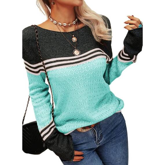 Tankaneo Damen Pullover Colorblock Langarm Rundhals Strickpullover Gestreift Slim Fit Strickwaren Tops