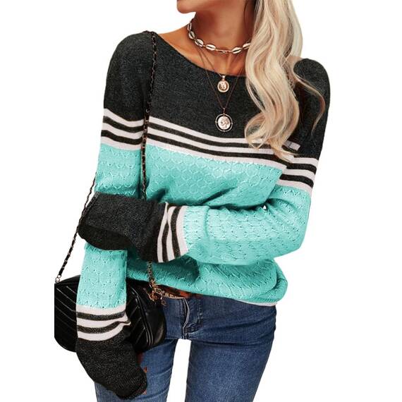Tankaneo Damen Pullover Colorblock Langarm Rundhals Strickpullover Gestreift Slim Fit Strickwaren Tops