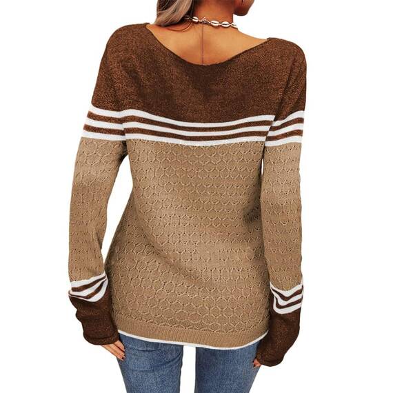 Tankaneo Damen Pullover Colorblock Langarm Rundhals Strickpullover Gestreift Slim Fit Strickwaren Tops