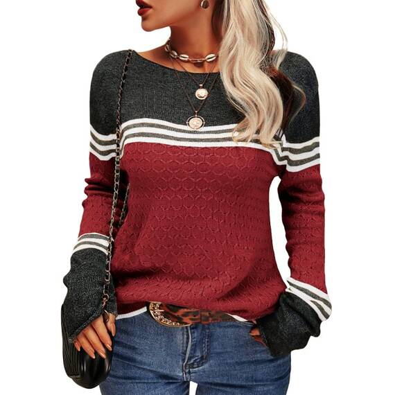 Tankaneo Damen Pullover Colorblock Langarm Rundhals Strickpullover Gestreift Slim Fit Strickwaren Tops