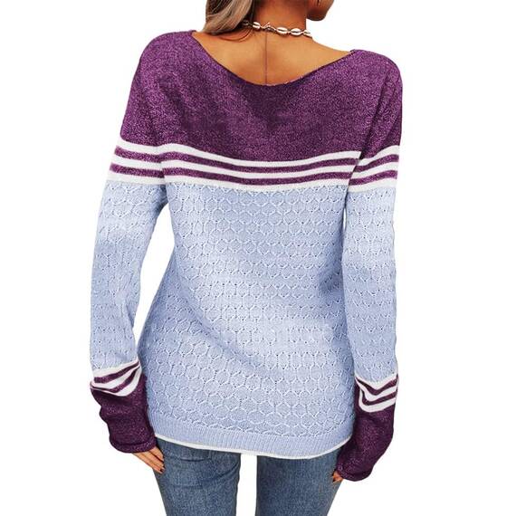 Tankaneo Damen Pullover Colorblock Langarm Rundhals Strickpullover Gestreift Slim Fit Strickwaren Tops