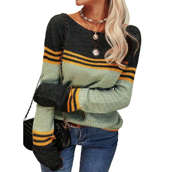 Tankaneo Damen Pullover Colorblock Langarm Rundhals Strickpullover Gestreift Slim Fit Strickwaren Tops