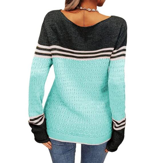 Tankaneo Damen Pullover Colorblock Langarm Rundhals Strickpullover Gestreift Slim Fit Strickwaren Tops