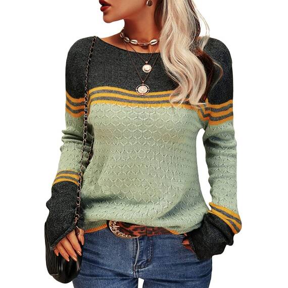 Tankaneo Damen Pullover Colorblock Langarm Rundhals Strickpullover Gestreift Slim Fit Strickwaren Tops