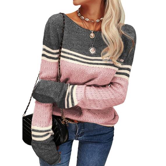 Tankaneo Damen Pullover Colorblock Langarm Rundhals Strickpullover Gestreift Slim Fit Strickwaren Tops