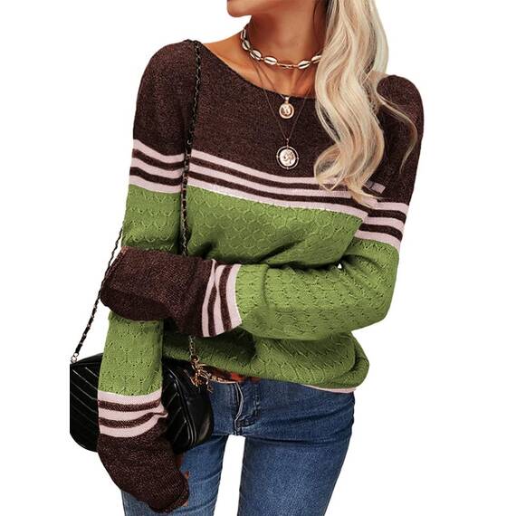 Tankaneo Damen Pullover Colorblock Langarm Rundhals Strickpullover Gestreift Slim Fit Strickwaren Tops