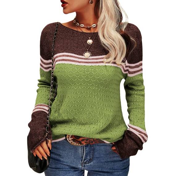 Tankaneo Damen Pullover Colorblock Langarm Rundhals Strickpullover Gestreift Slim Fit Strickwaren Tops