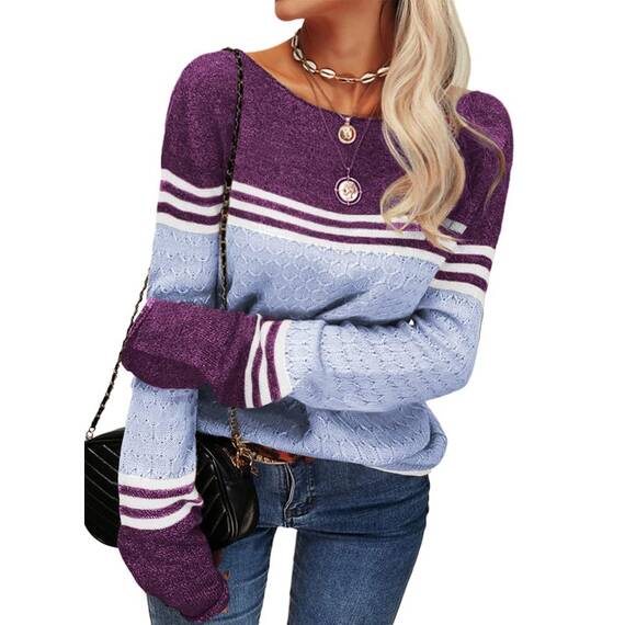 Tankaneo Damen Pullover Colorblock Langarm Rundhals Strickpullover Gestreift Slim Fit Strickwaren Tops