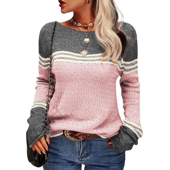 Tankaneo Damen Pullover Colorblock Langarm Rundhals Strickpullover Gestreift Slim Fit Strickwaren Tops