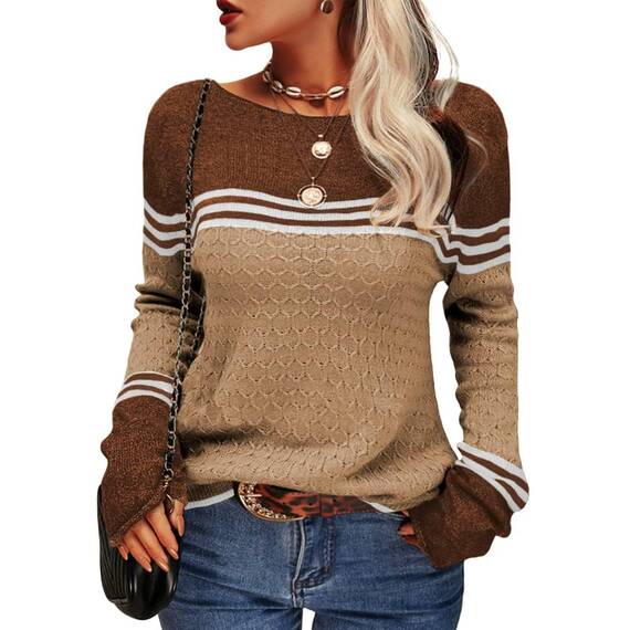 Tankaneo Damen Pullover Colorblock Langarm Rundhals Strickpullover Gestreift Slim Fit Strickwaren Tops