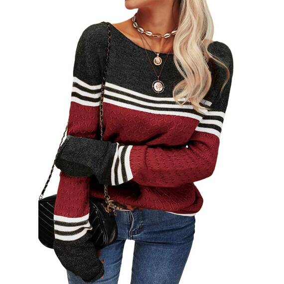 Tankaneo Damen Pullover Colorblock Langarm Rundhals Strickpullover Gestreift Slim Fit Strickwaren Tops
