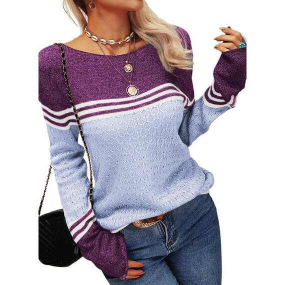 Tankaneo Damen Pullover Colorblock Langarm Rundhals Strickpullover Gestreift Slim Fit Strickwaren Tops