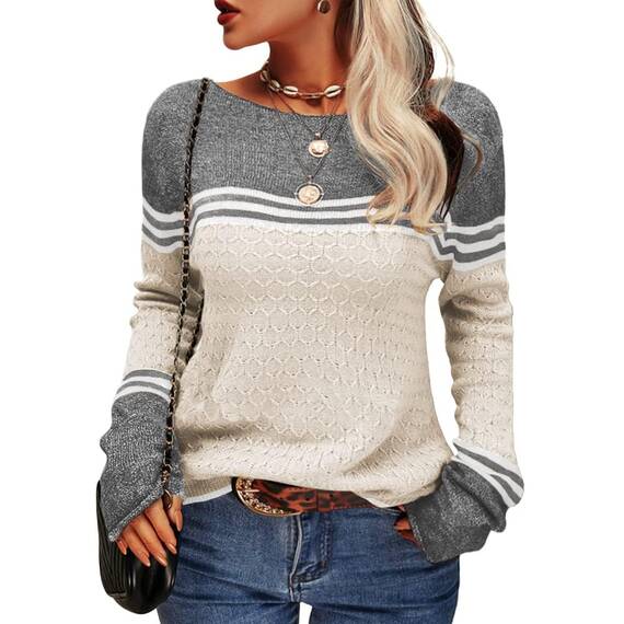 Tankaneo Damen Pullover Colorblock Langarm Rundhals Strickpullover Gestreift Slim Fit Strickwaren Tops
