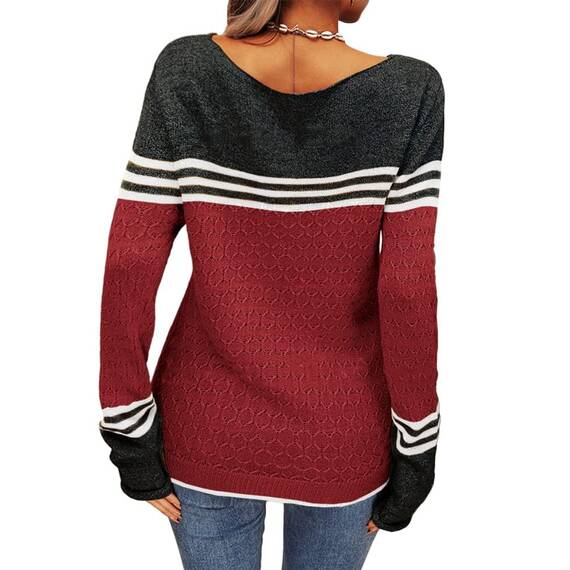 Tankaneo Damen Pullover Colorblock Langarm Rundhals Strickpullover Gestreift Slim Fit Strickwaren Tops