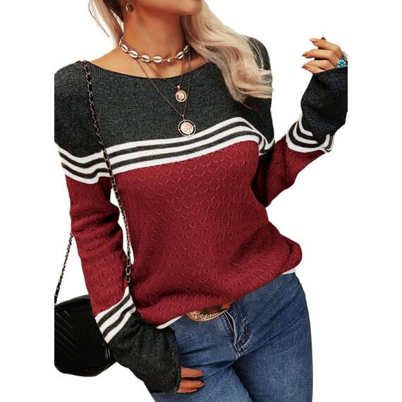 Tankaneo Damen Pullover Colorblock Langarm Rundhals Strickpullover Gestreift Slim Fit Strickwaren Tops